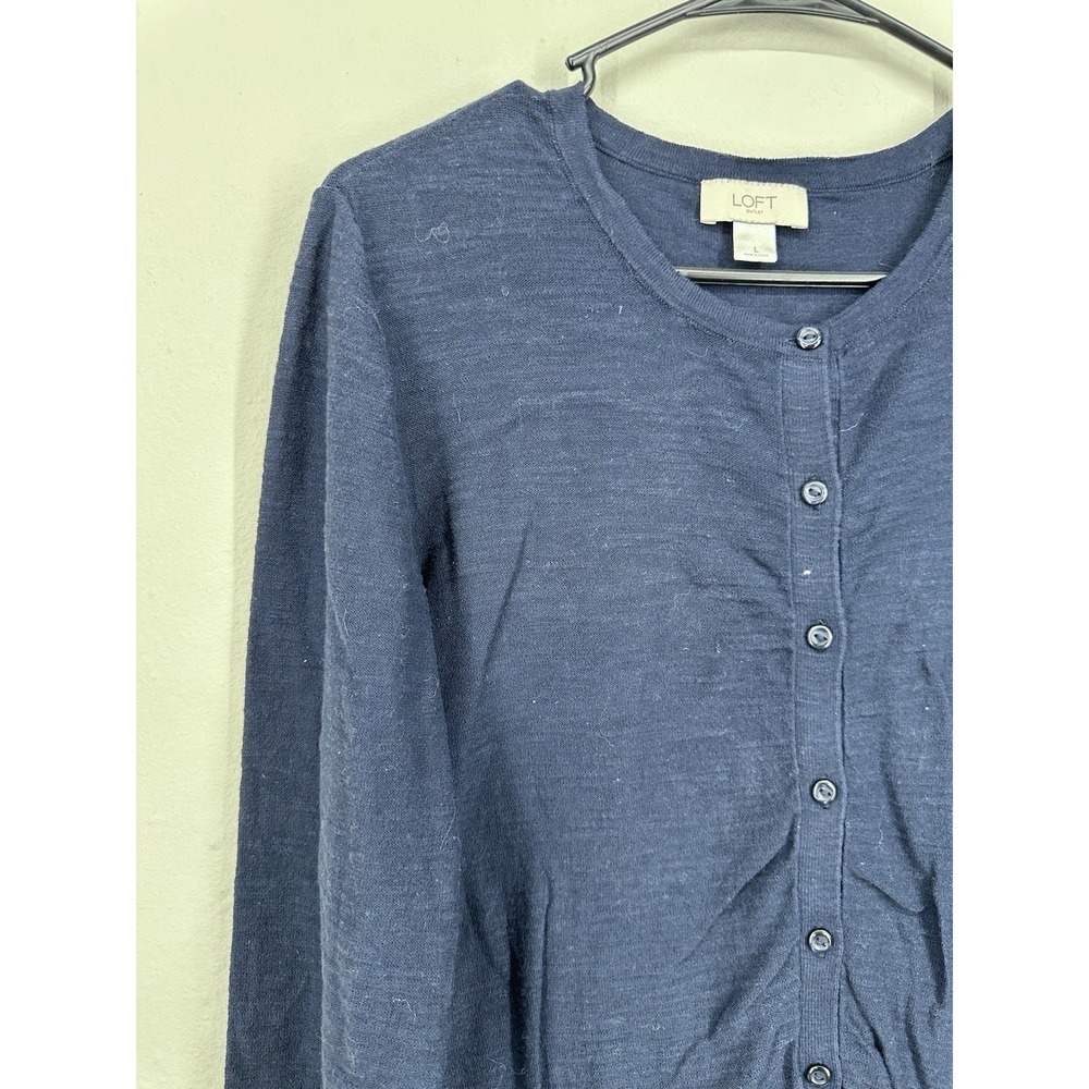 LOFT Cardigan LARGE Navy Blue 3/4 Sleeve Lightweight Button Front Sweater Office - Picture 4 of 11